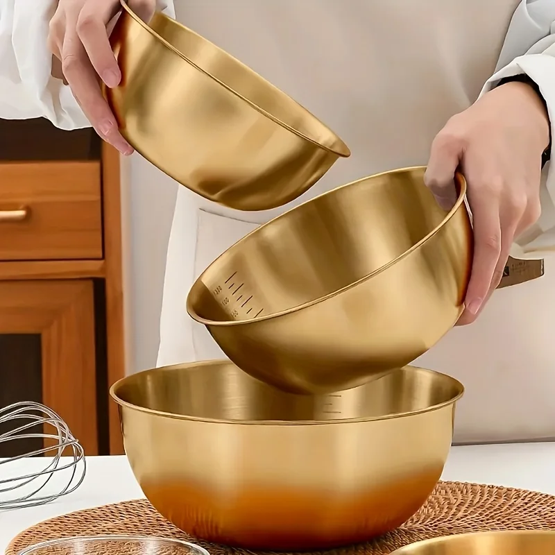 3pc Stainless Steel Salad Bowls with Measuring Markers - Stackable, Suitable for Baking, Cooking, and Outdoor Use, Kitchen Tools