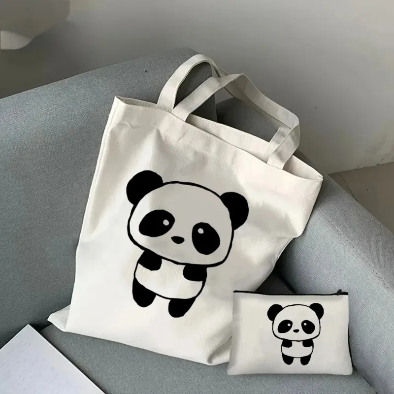 2pcs Cute Panda Casual Ladies Handbag Cosmetic Bag Fashion Shoulder Bag Eco Large Capacity Shopping Bag Cosmetic Storage Bag