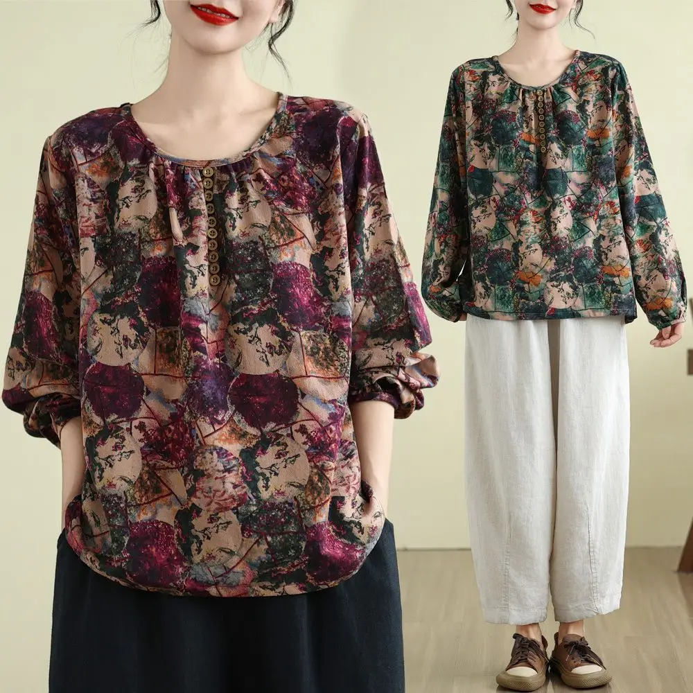 

Cotton and Linen Base Top Women Spring and Autumn New Style Loose Printed Color Long-sleeved T-shirt