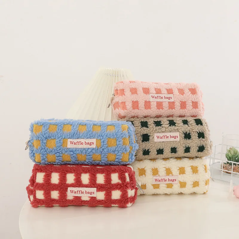 Large Capacity Plush Pencil Case Khaki/Pink/Yellow/Blue/Red Waffle Grid Pattern Stationery Bag Soft Stuffed Pencil Pouch