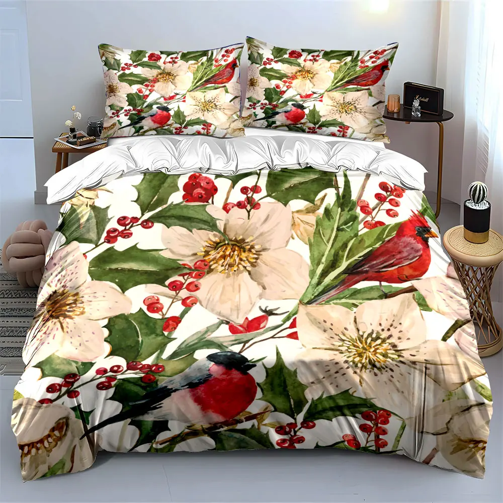 Winter berries and birds Bedding Set for Kids Luxury Gift 3pcs Digital Print Comforter Set Soft Comfortable Breathable