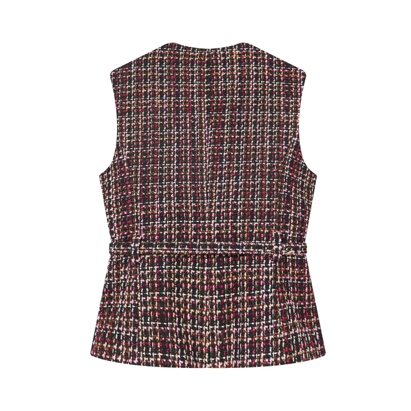 سترة نسائية جديدة برقبة دائرية، بدون أكمام بأزرار مع حزام، سترة خريفية غير رسمية