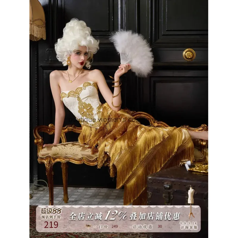 

Cos Halloween Cosplay LaceMade Louvre Palace Style Strapless Corset Gold Tassel Layered French Dress Women Dress
