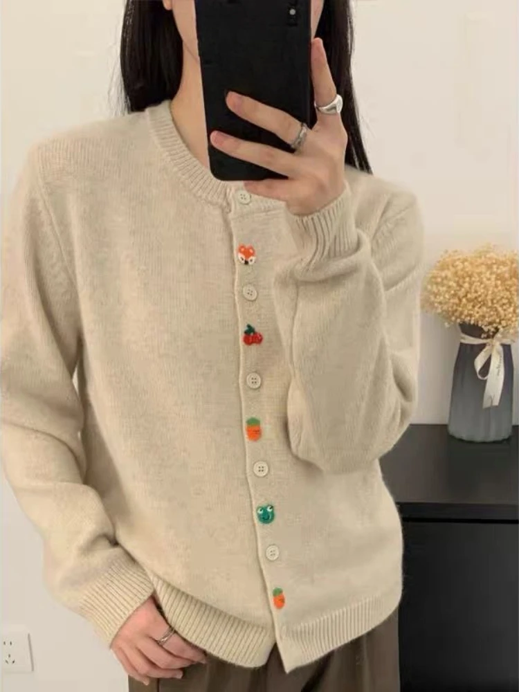 Ezgaga Knitted Cardigan Women Embroidery O Neck Single Breasted Sweet Elegant Loose Outwear Sweater Fashion Casual Female