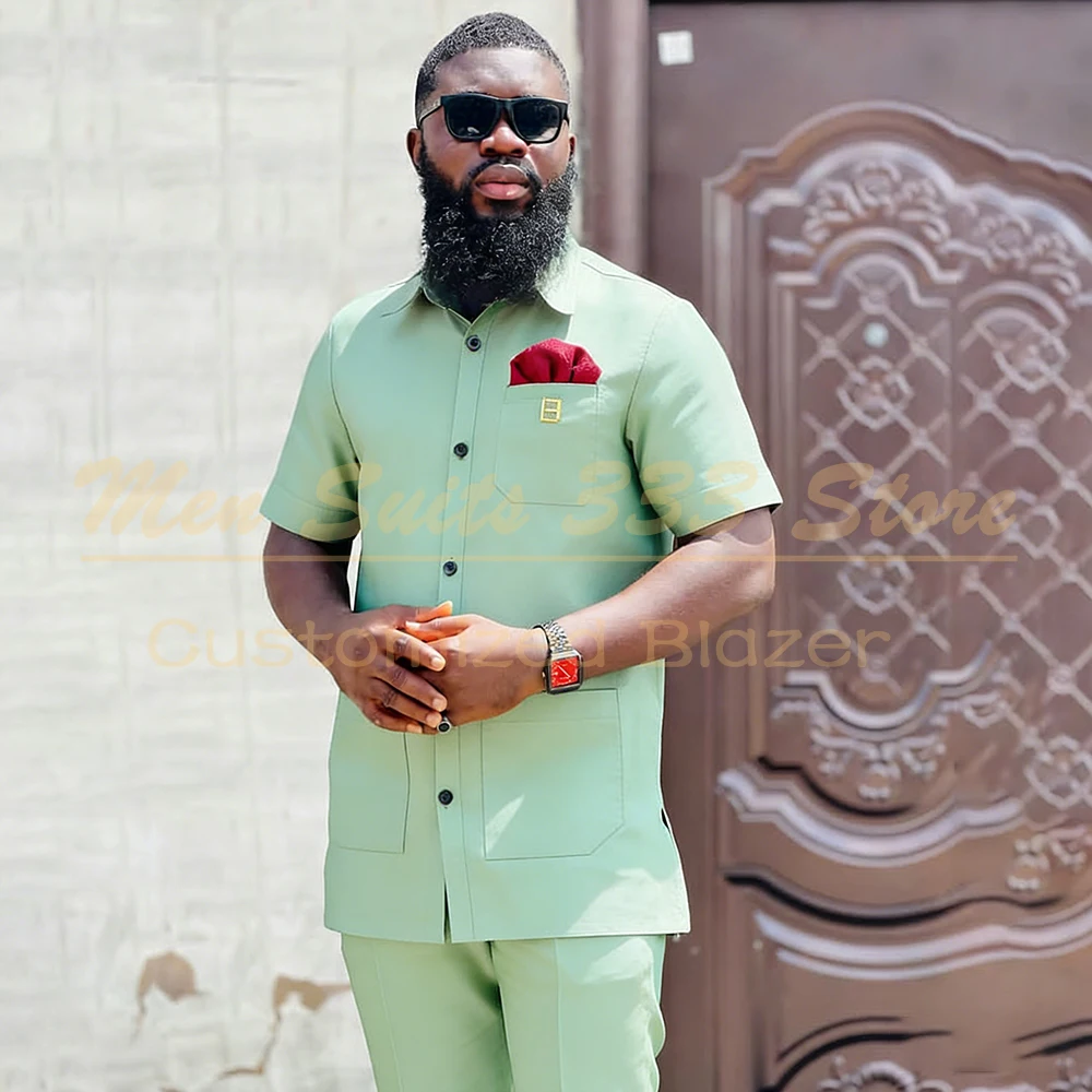 

Mint Green Men's Suits High Quality Short Sleeve Stand Lapel Back Vent Business Blazer Customized 2 Piece Jacket Pants Sets