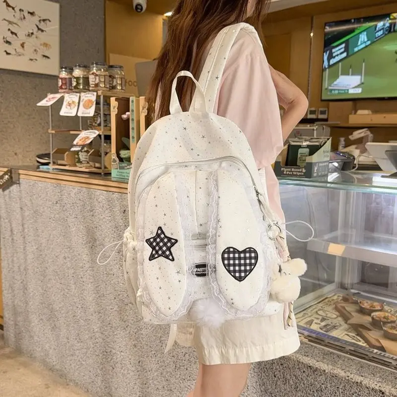 Korean Style Polka Dot Ear Drop Rabbit Large Capacity Backpack Women's 2026 New Design High Aesthetic Dual Shoulder Bag