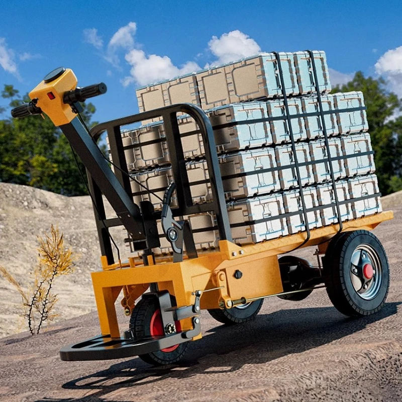 

Electric flatbed truck handling construction site pulling bricks and goods warehouse three-wheel hand push transportation