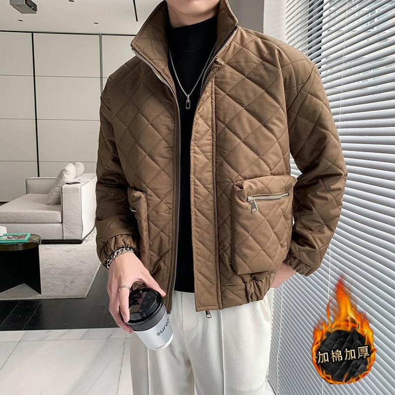 

3D Pocket Winter Men Jacket Fashion Plaid Casual Puffer Parkas Stand Collar Business Overcoat Thicken Warm coats men clothing