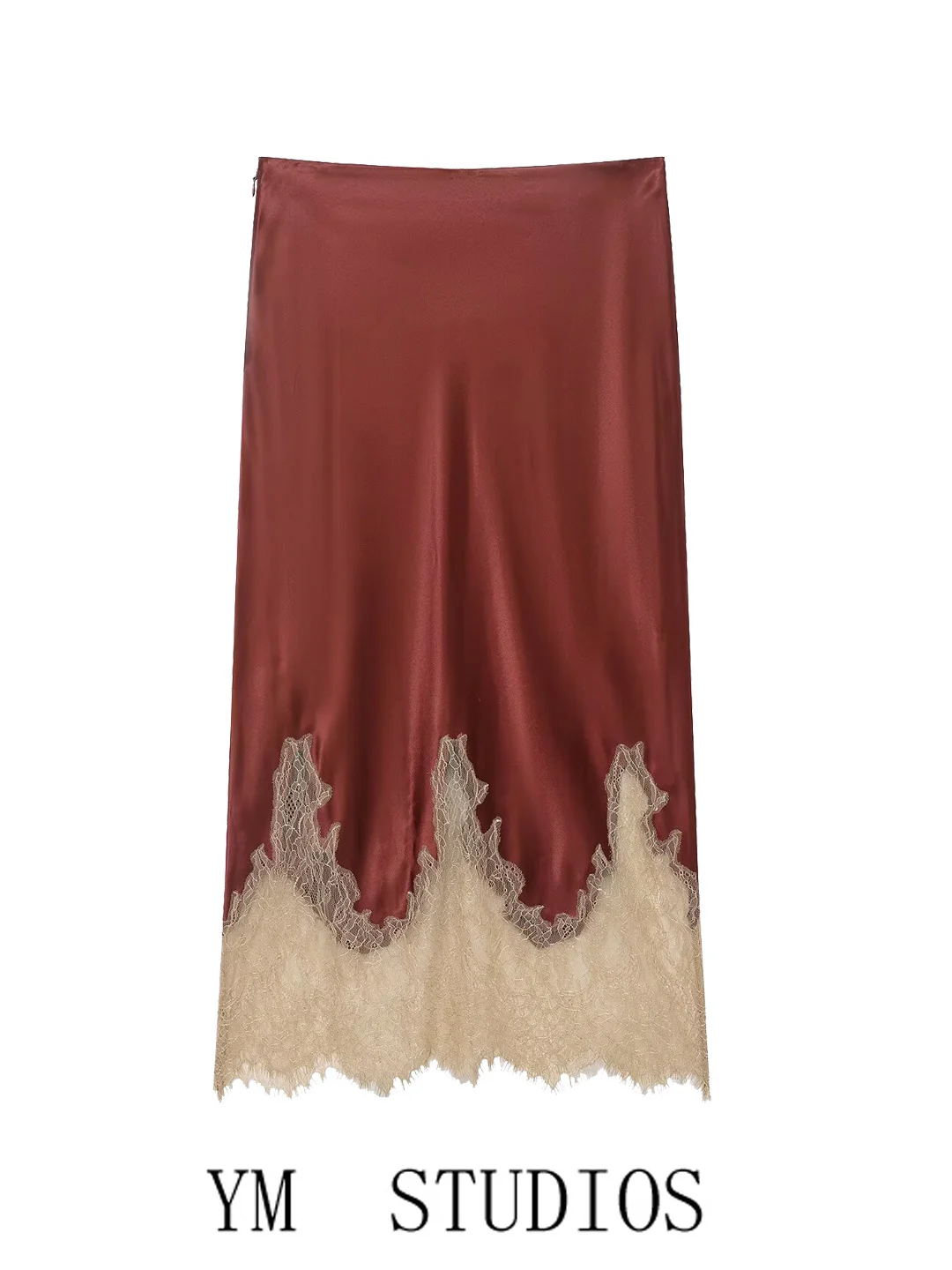 

Retro Color Blo Lace Patchwork High Waist Silk Satin Midi Skirt Women's Straight Tube f Body Skirt Faionable Summer Dr