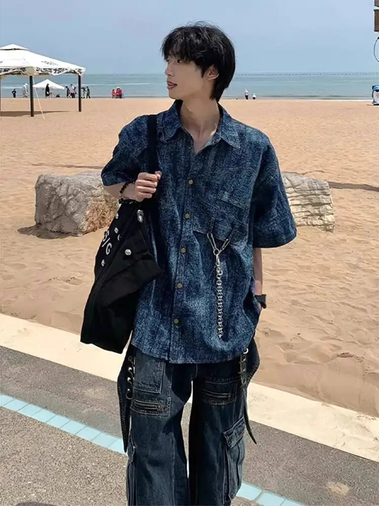 

Unisex Denim Shirts 2026 Summer Men Vintage Denim Short Sleeve Shirt Washed Tie Dye Shoulder Pads Casual Streetwear