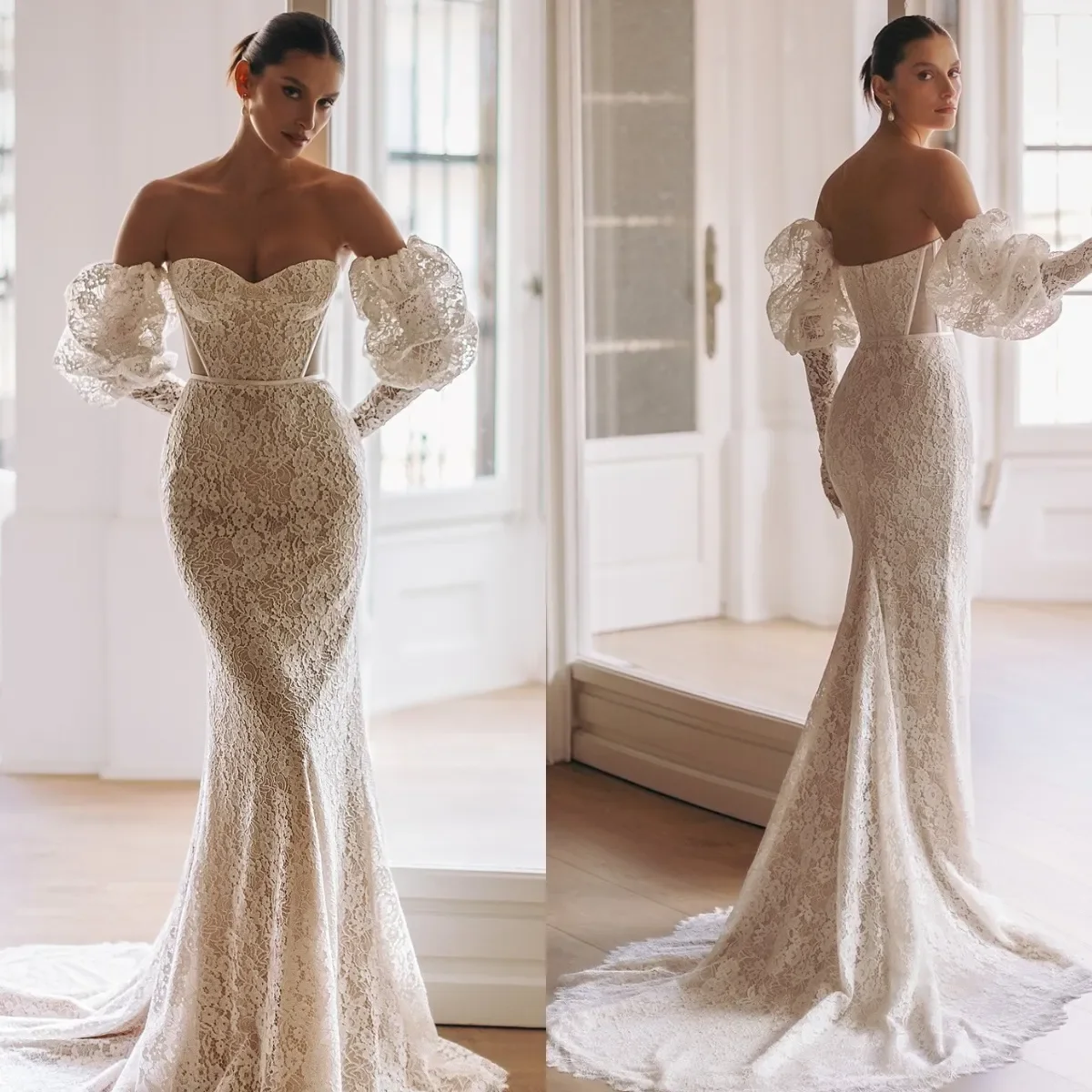 

Customized Elegant Mermaid Lace Decal Women's Wedding Dress With Sweetheart Backless And Detachable Sleeves Sexy Bridal Gown