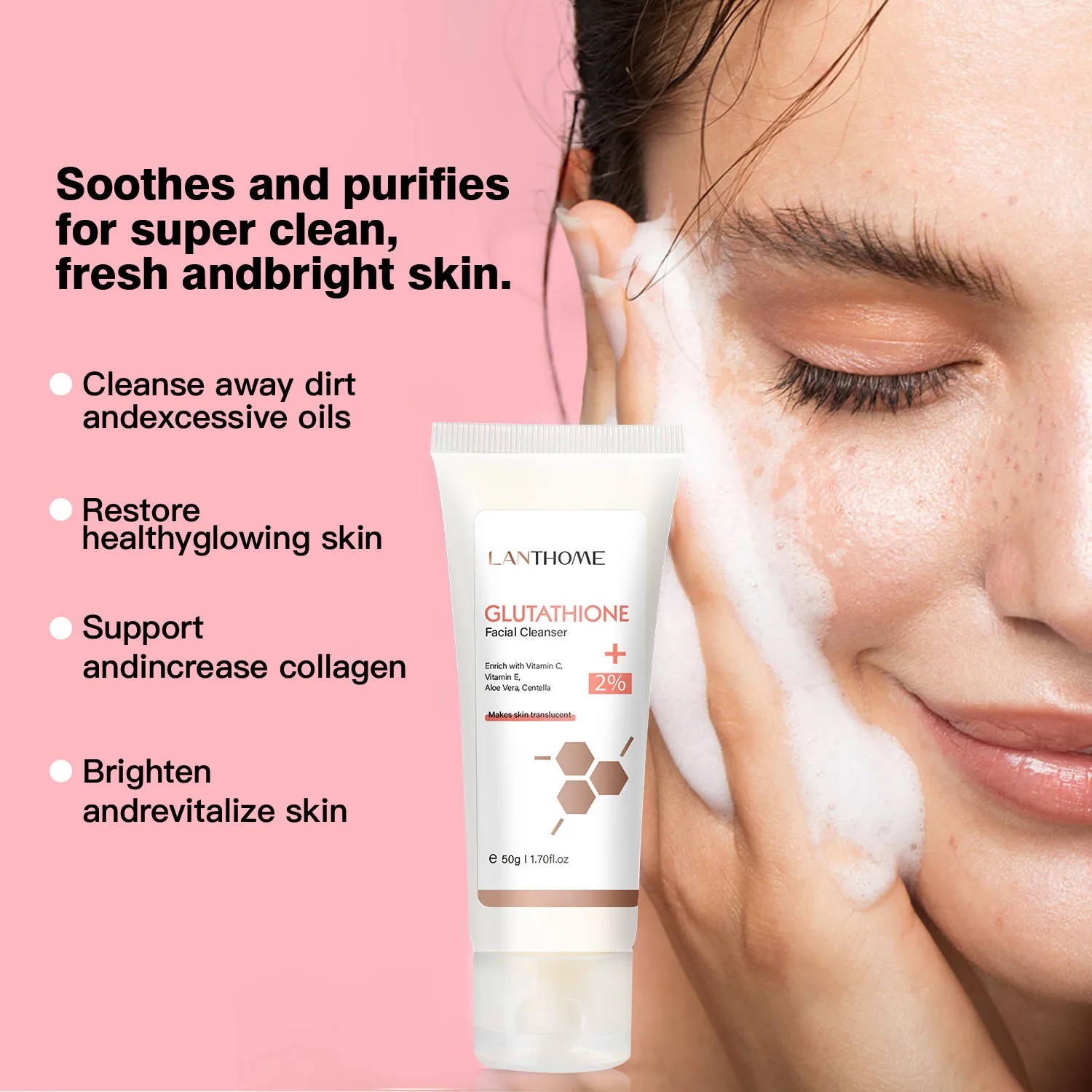 Low Price LANTHOME Glutathione Cleanser Is Gentle and Moisturizing Facial Cleanser (50g*2)