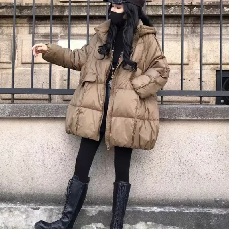 Women's Clothing Down Jacket Duck Down New Style Thickened Mid-length Korean Style Loose Fit Hooded Plus Size Fashionable