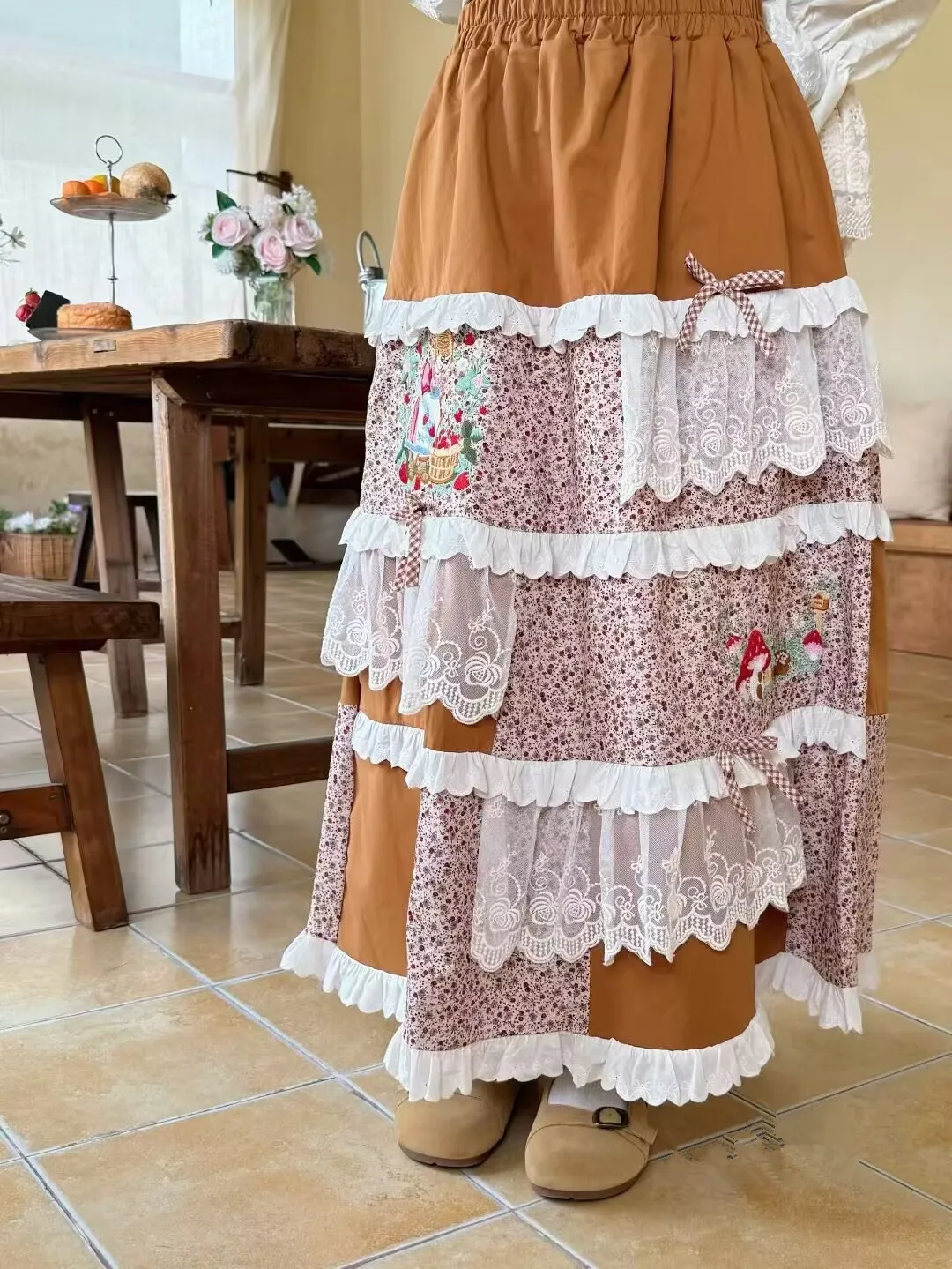 

Милая кружевная лоскутная юбка в стиле Лолиты с рюшами, женская весенне-осенняя японская юбка Mori Girl с высокой талией Kawaii, хлопковая плиссированная юбка