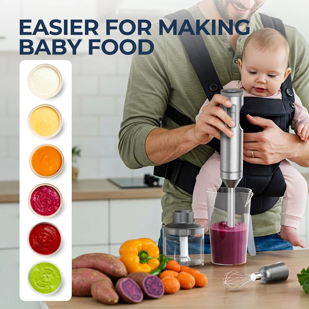 خلاط غاطس يدوي 1000 وات قوي 4 في 1، خلاط طعام من الفولاذ المقاوم للصدأ، كوب خلط 700 مل، معالج 500 مل، خفق