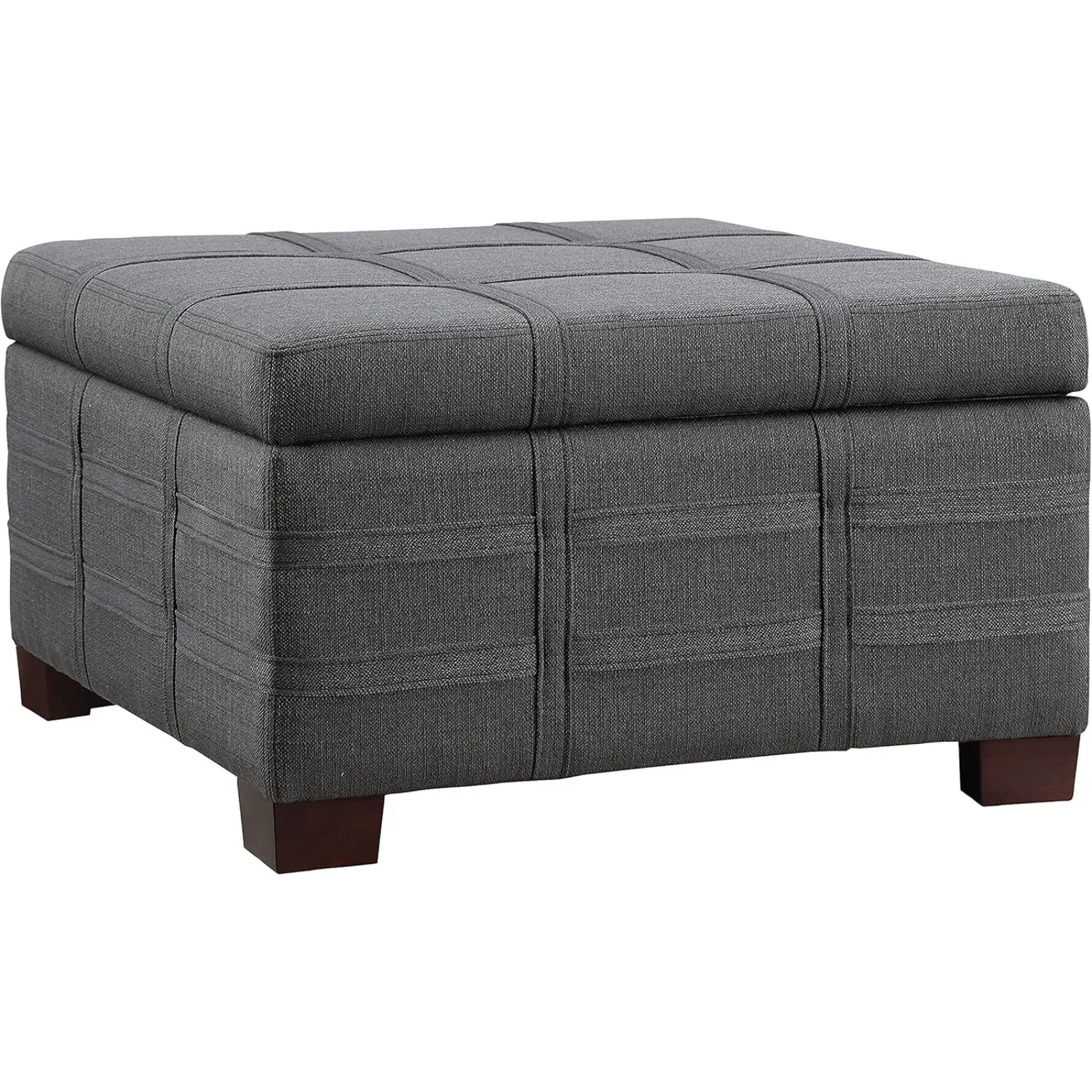 US OSP Home Furnishings Detour Strap Square Storage Ottoman with Tray and Solid Wood Legs, Charcoal Fabric