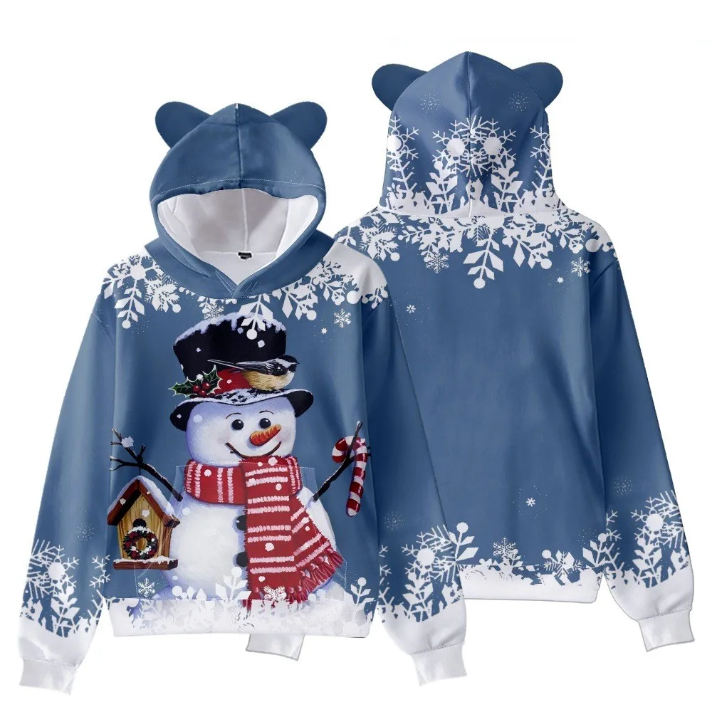 

Christmas Cat Ear Hoodies Cartoon Christmas Snowman Print Sweatshirt Kids Adults Kawaii Cat Ears Hooded Sweater Autumn Clothes