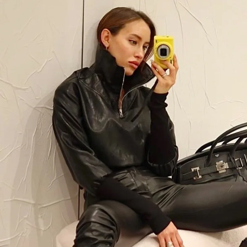 

New European and American Sexy Spice Girls Style Top Fashionable PU Stand-up Collar Slim Leather Jacket Jacket