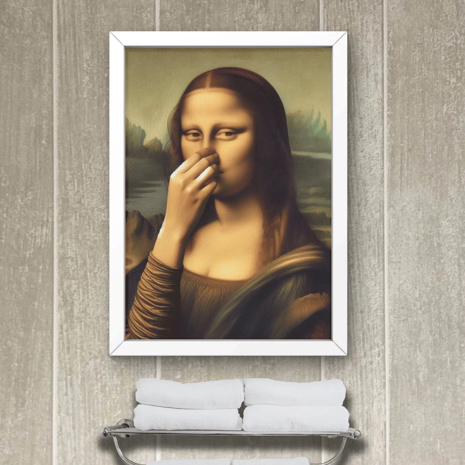 Parody Mona Lisa Bathroom Wall Art Decor Covering her Nose Vintage Bad Smell Poster Print Toilet Humor Funny Leonardo Davinci In