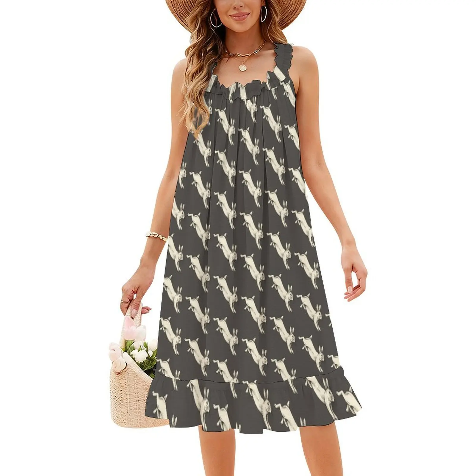 لطيف الأبيض الأرنب الأبيض أرنب ساحر ملصق Forestcore الكورية نمط فستان للنساء فستان كاجوال أنيق للحزب أو يوميا