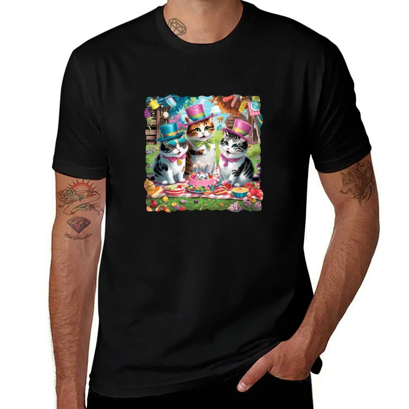 

Festive Cat Picnic Cute Furry Friends Birthday Celebration T-Shirt T-Shirt oversized t shirt Louboutins funny t shirts for men
