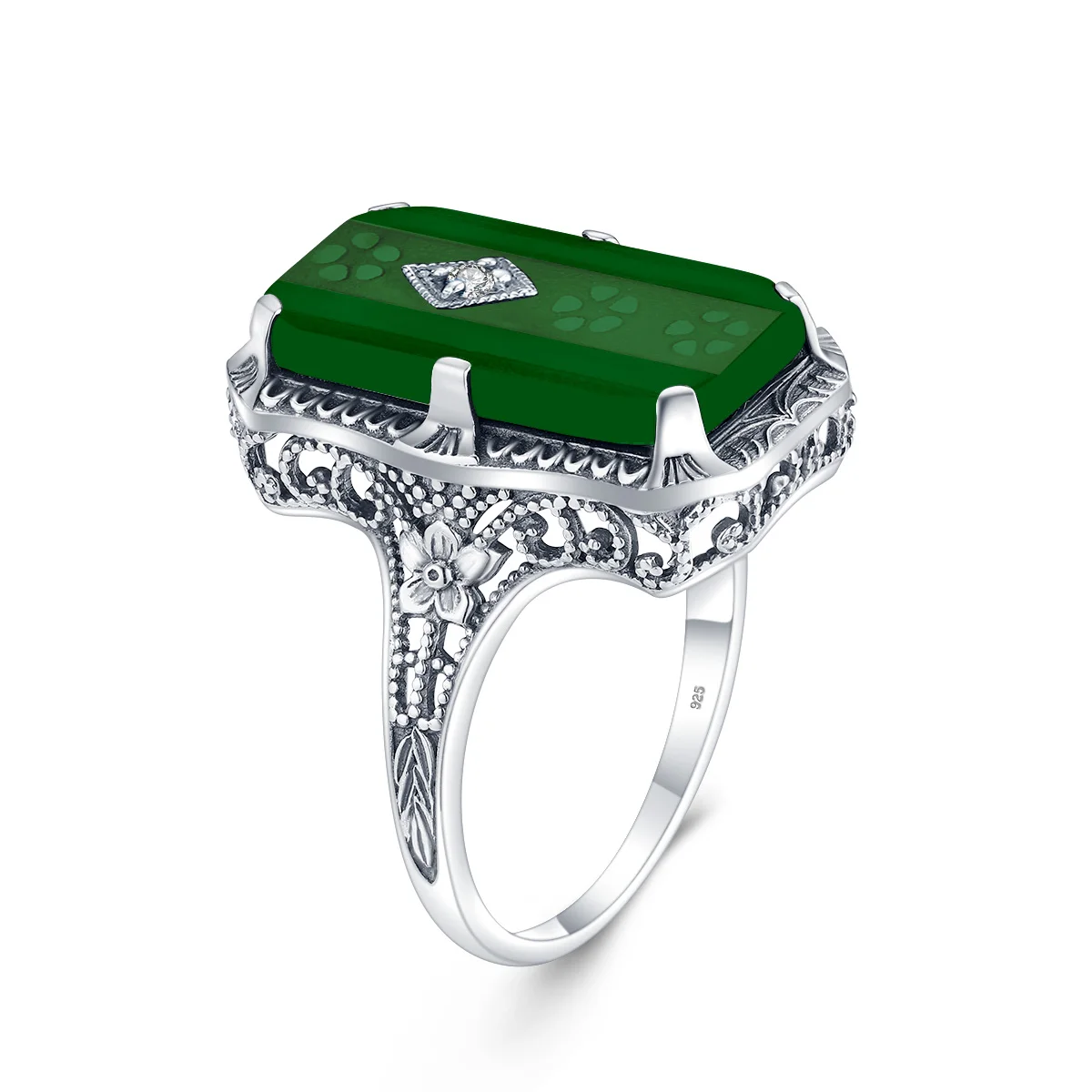 Top Jewelry Original 925 Sterling Silver Rings For Women Rectangle Flower Green Emerald Ring Vintage Filigree Persian Design