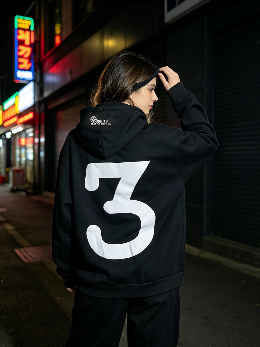 Women Gothic Street Style Black Hoodies Fashion Front Abstract Face Flocking Print Back Large Number 3 Oversized Hood Sweatshirt