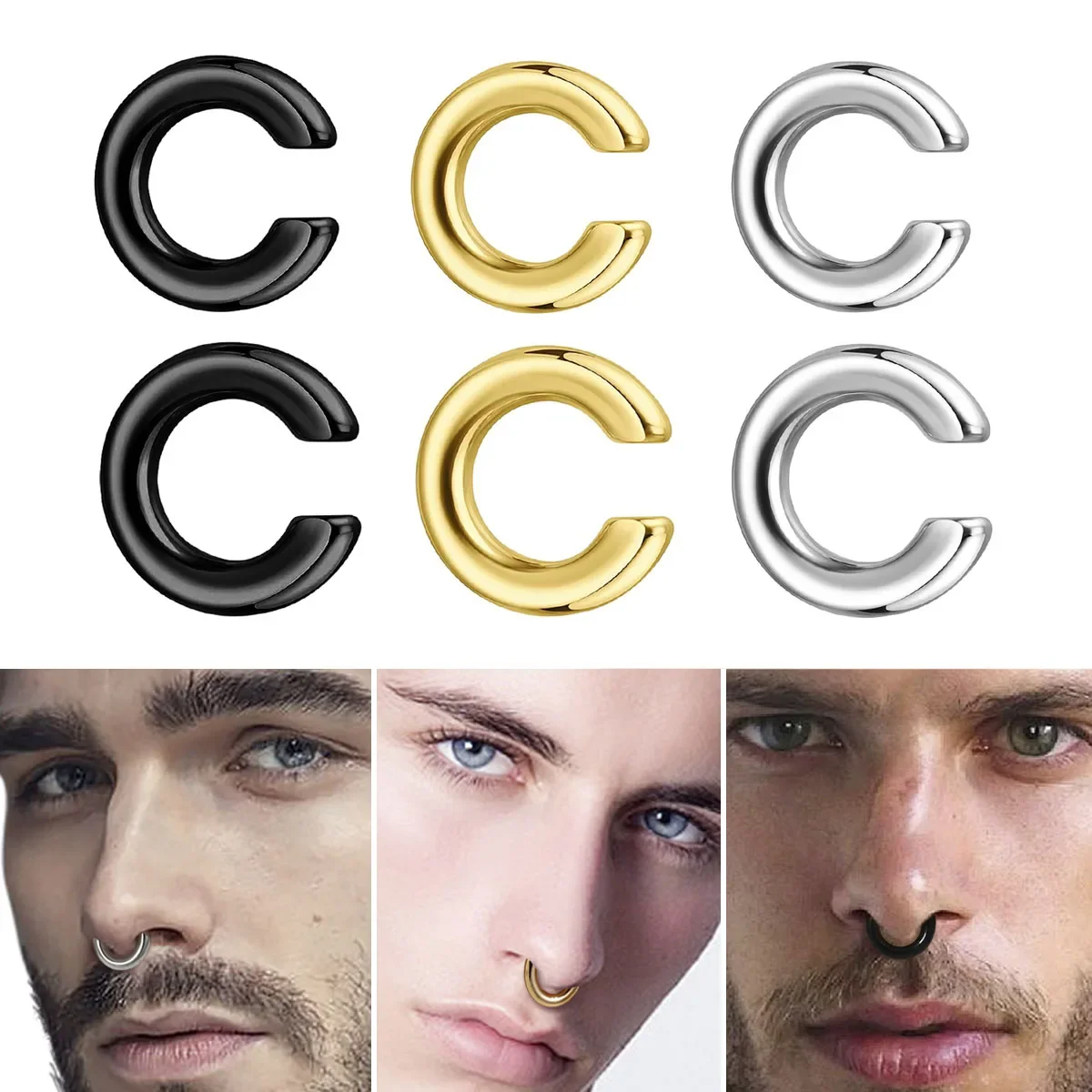 1 pièce Anneau de nez non-percé en forme de C exagérée, Faux piercing, Clips d'oreille non-percés pour hommes, Manchette d'oreille