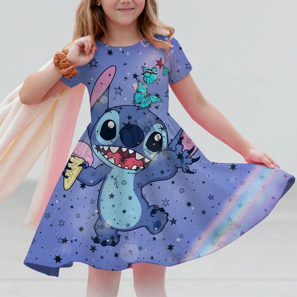 

Disney's Stitch Printed Dress Kids Summer Fashion One-piece Dress Girls Daily Casual Short Sleeve Clothing Cartoon Outfit