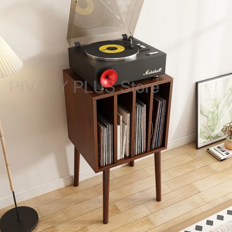 無垢材レコードプレーヤースタンド、ビニール収納キャビネット、ターンテーブル、書籍ディスプレイ、ソファサイドテーブル、ヴィンテージスタイル、オープン棚付き