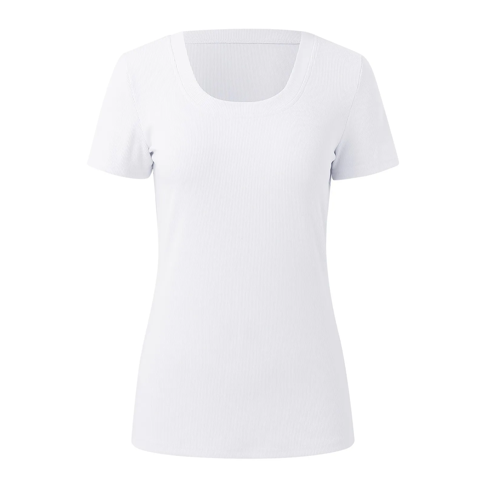 Camiseta de malha com nervuras para mulheres, tops slim fit, camisas monocromáticas, manga curta, colarinho quadrado, camisetas femininas, roupas de treino, verão