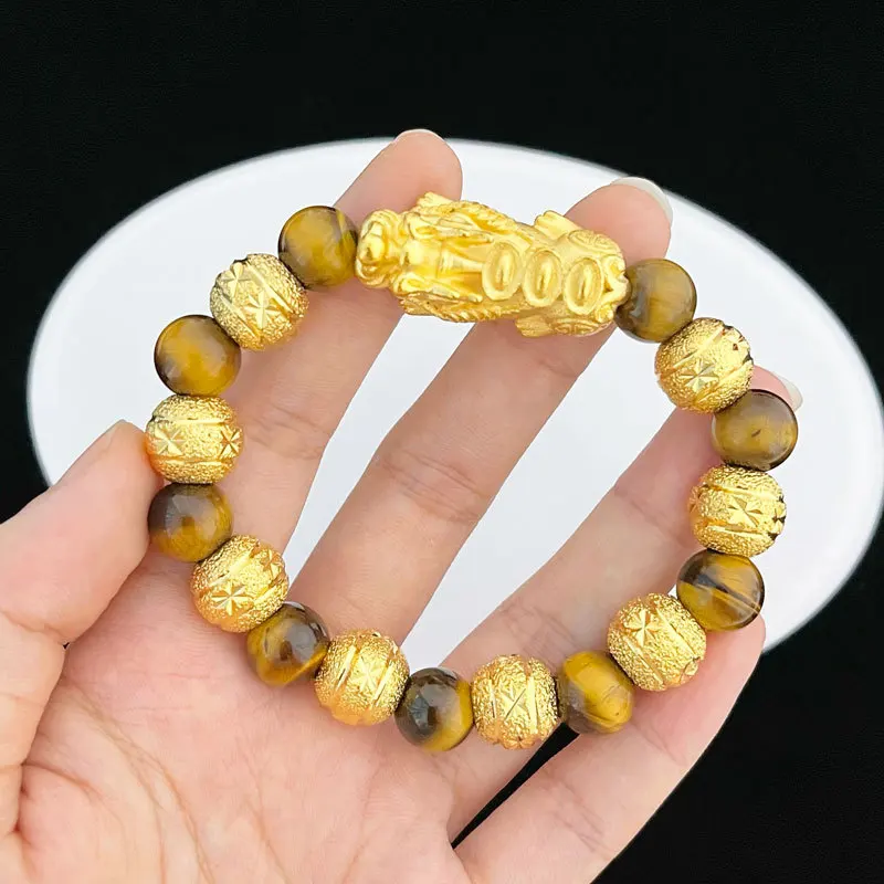 

Luxury jewelry 9999 24K real gold Yuanbao Pixiu gold beads tiger eye stone bracelets DIY accessories