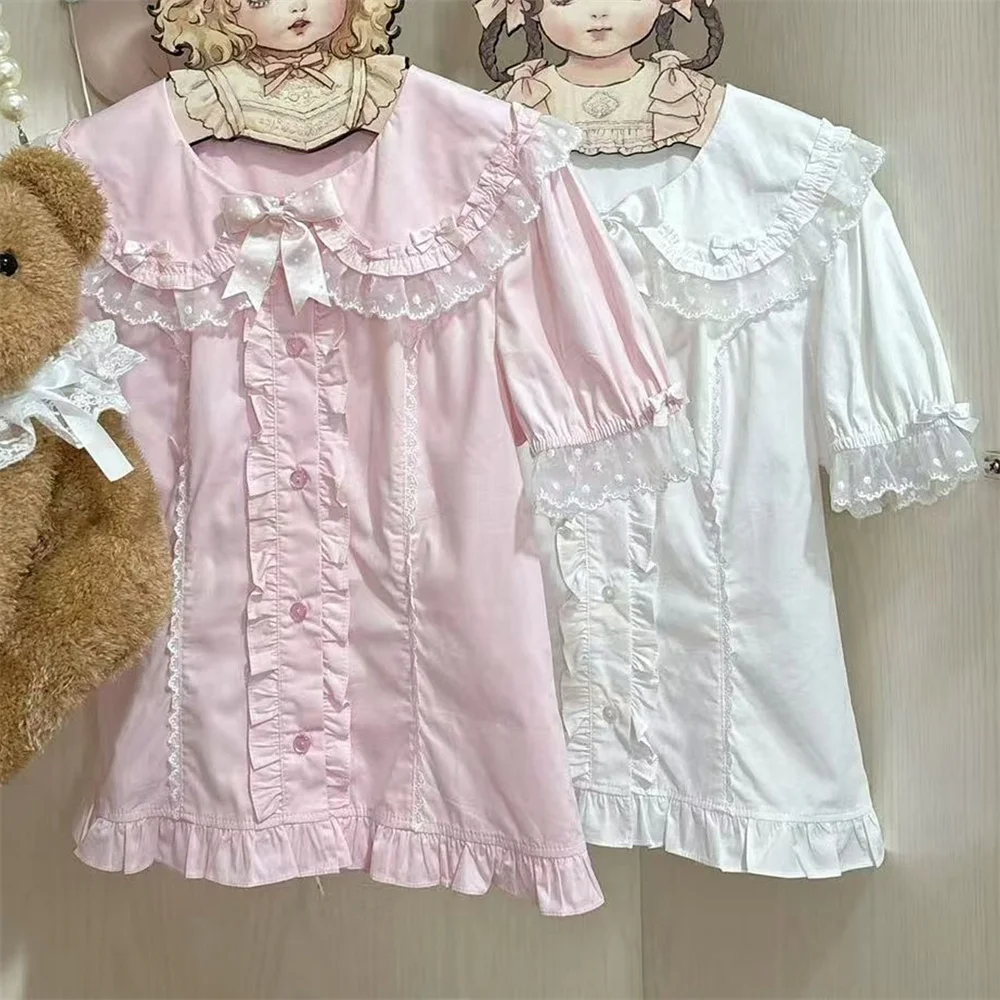 

Милая милая блузка с короткими рукавами и кукольным воротником в стиле Лолиты Fairycore, женский топ Kawaii с бантом, плиссированные розовые блузки, повседневные женские топы