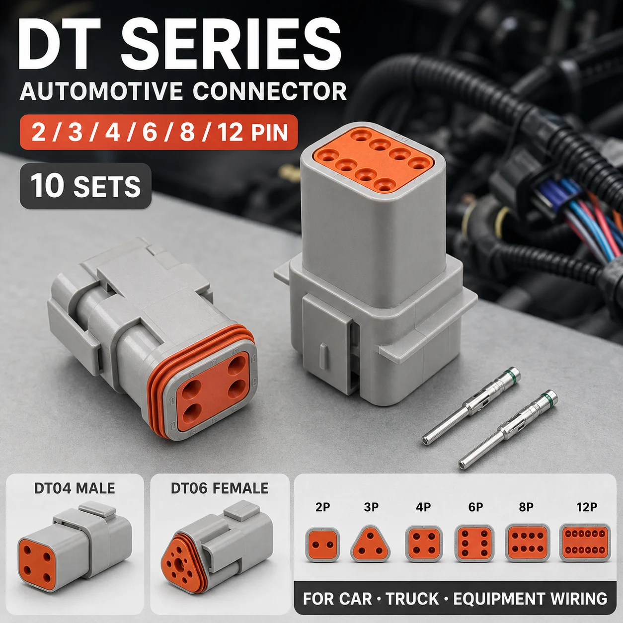 DT Series Automotive Connector 2 3 4 6 8 12 Pin Male Female Waterproof Electrical Wire Harness Plug Socket 10 Sets for Car Truck