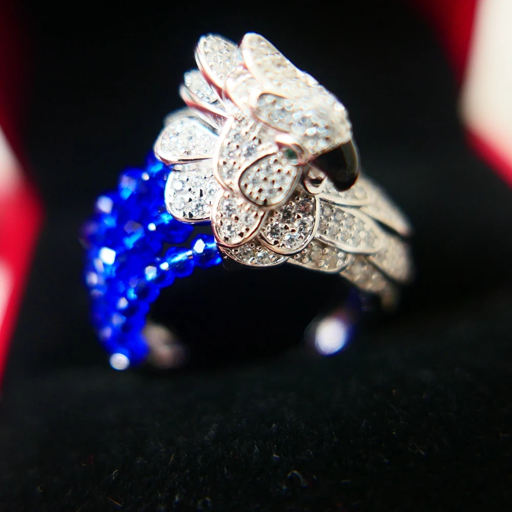 Women 925 Sterling Silver Bird Shaped Ring With Lab Sapphire Blue Beads Zircon High Carbon Diamond Stone Fine Jewelry