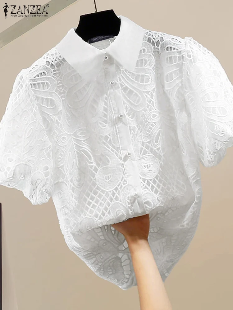 

2025 ZANZEA Stylish Women Embroidery Shirts Summer Hollow Out Blouse Puff Sleeve Tops Fashion Lace Patchwork Work OL Shirt Tunic