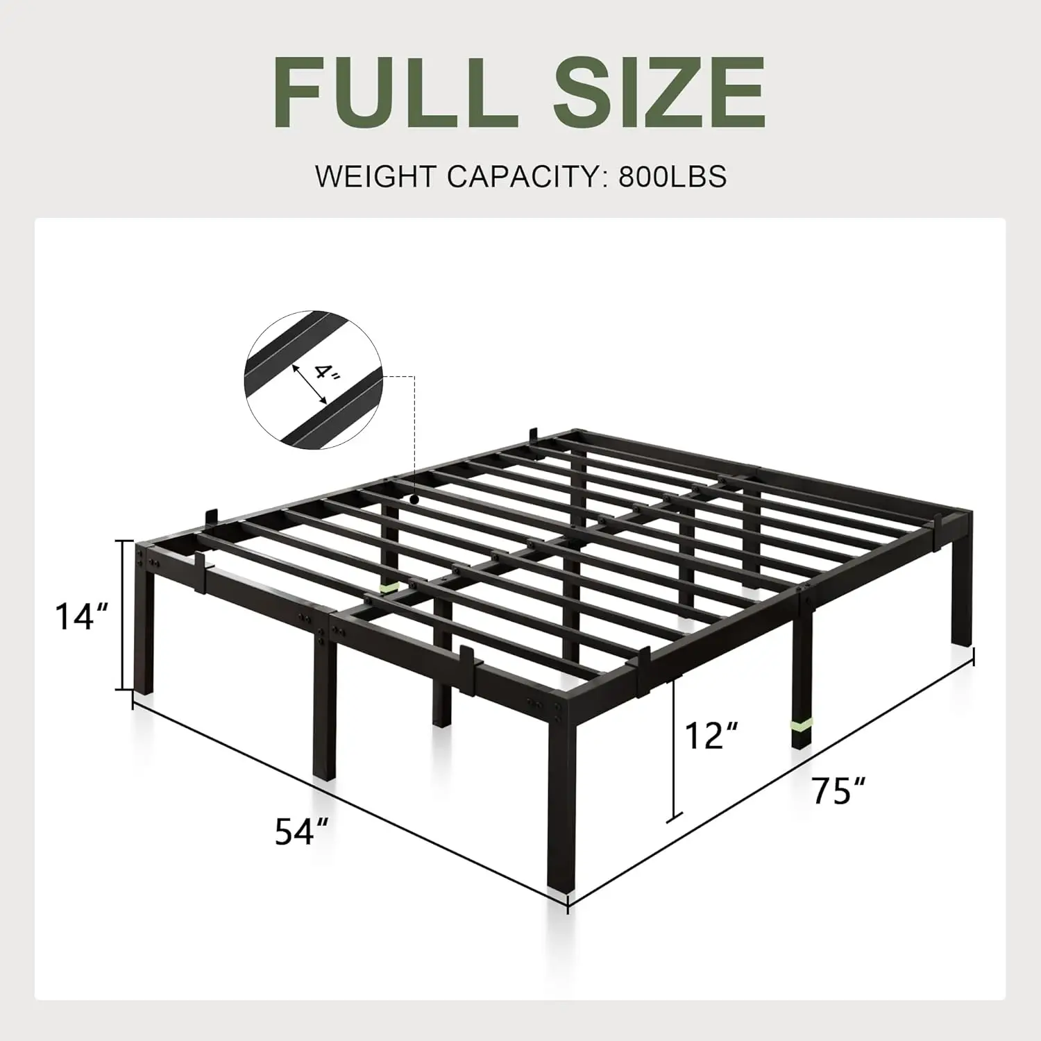 Feonase Full Size Metal Bed Frame, 14 Inch Platform Bed With 6 Non-Slip Mattress Gaskets, Heavy Duty Steel Slat Support,