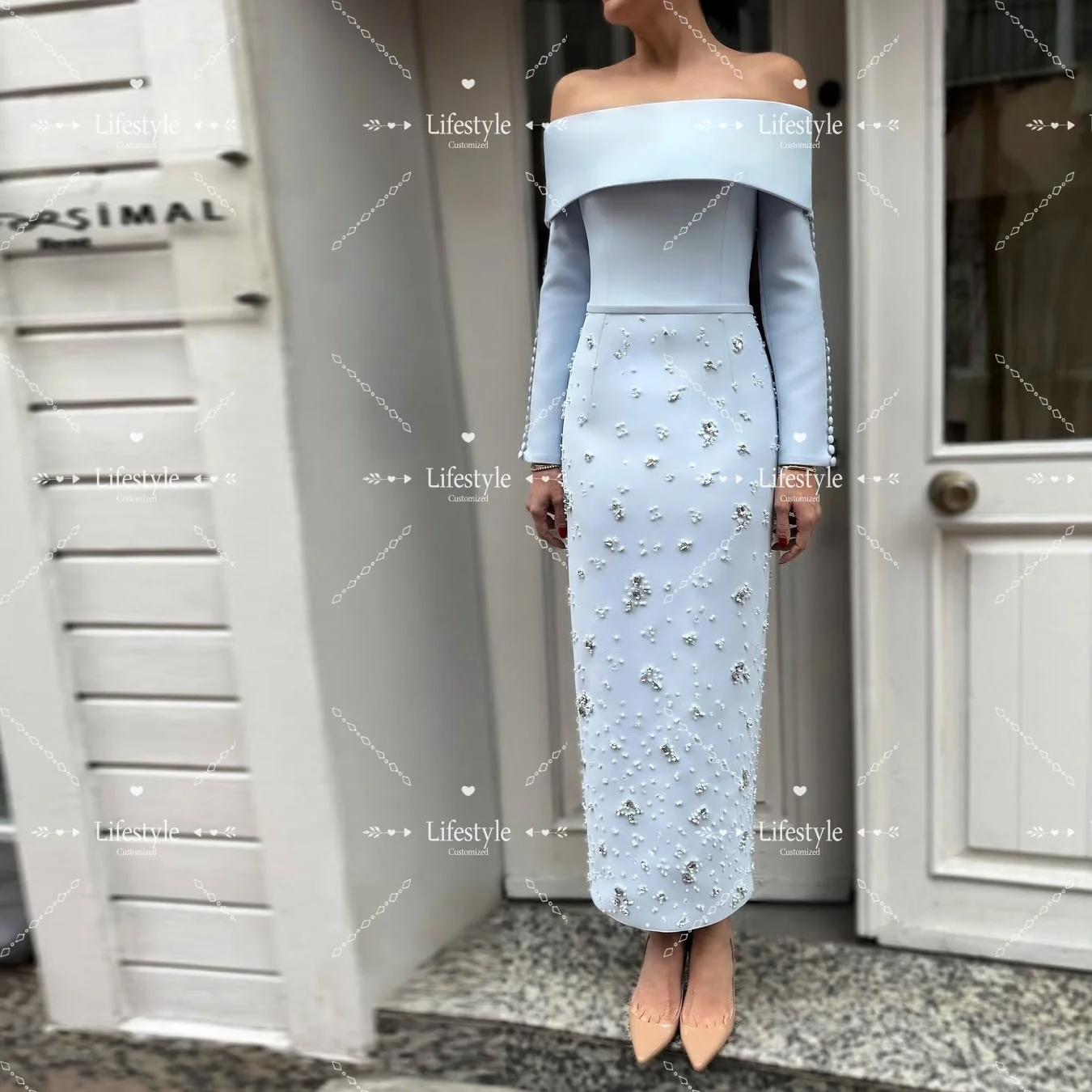 

Голубые платья для выпускного вечера с открытыми плечами по индивидуальному заказу, 2021, вечернее платье с длинными рукавами и бисером на пуговицах для вечернего платья