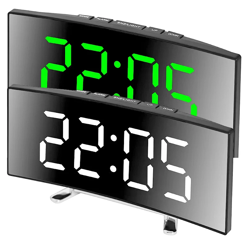 LED Large Screen Plug-in Battery Dual-purpose Mirror Alarm Clock,Creative Curved Electronic Clock, Student Bedroom Dedicated