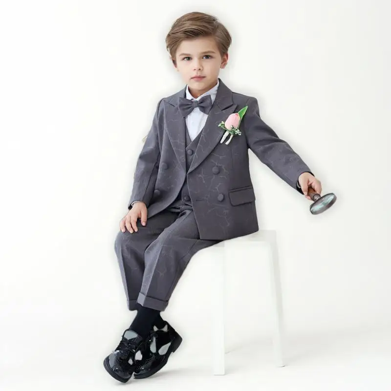 

Boys Gray 5pcs Dress Suit Children Birthday Piano Performance Photography Costume Kids Blazer Vest Pants Bowtie Flower Outfit