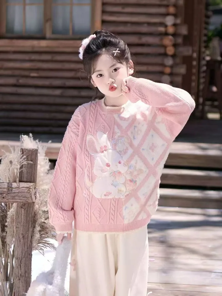 سترة أطفال جديدة للخريف والشتاء، سترة صوفية كرتونية سميكة ودافئة للفتيات، بلوزة سفلية على شكل أرنب لطيف للأطفال