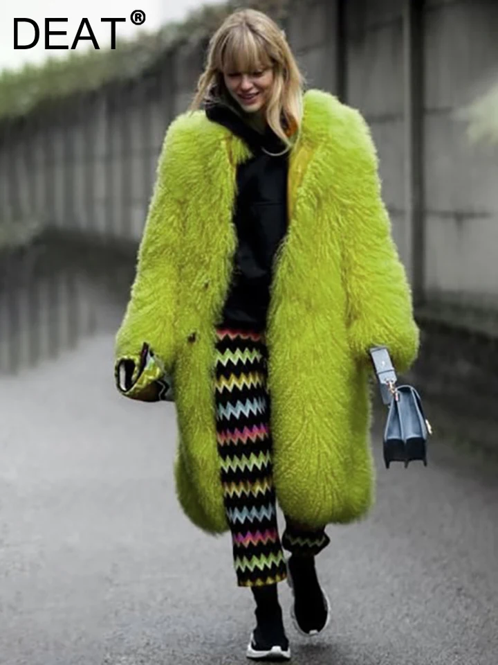 DEAT Fashion Women's Faux Fur Coat Lapel Loose Long Sleeve