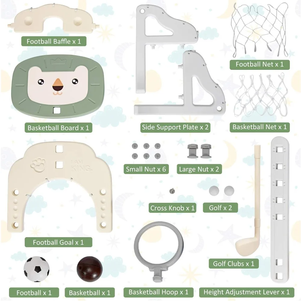 高さ調節可能な3-in-1幼児用バスケットボールフープ、サッカーとゴルフセット付き、子供用ポータブル屋内外スポーツセンター