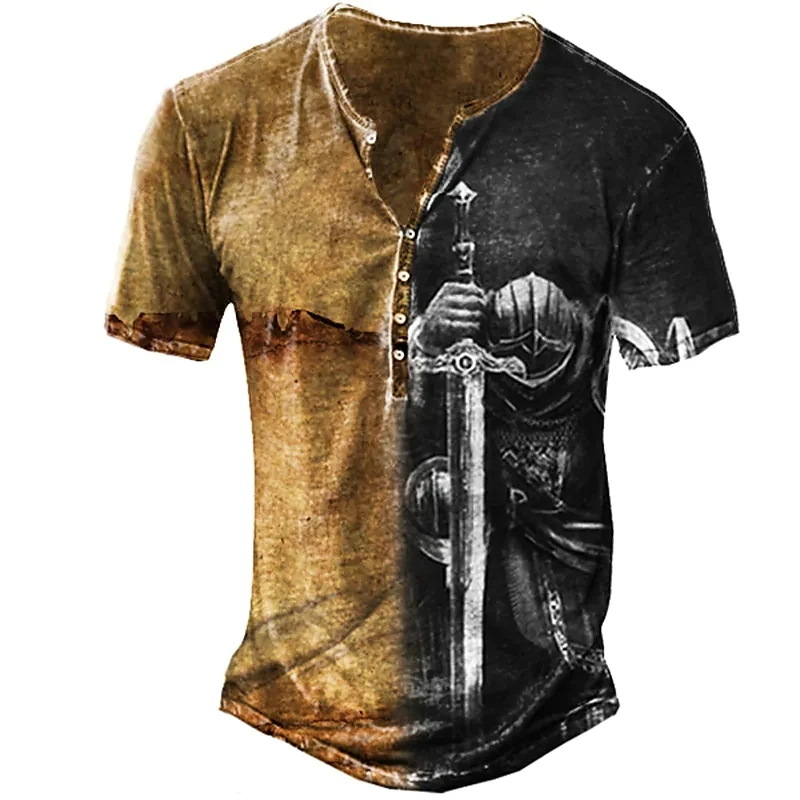 Vintage Button V-neck Men\'s Knight T Shirt Print Knight Gothic Short Sleeve T Shirt For Men Oversized War Tops Punk Streetwear