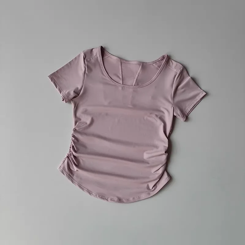 Damen Yoga-Shirt mit kurzen Ärmeln aus Mesh, schnelltrocknend, atmungsaktiv, mit seitlich geraffter Taille, figurbetont, sportliches T-Shirt, Sommer-Gym-Activewear – Detail 11