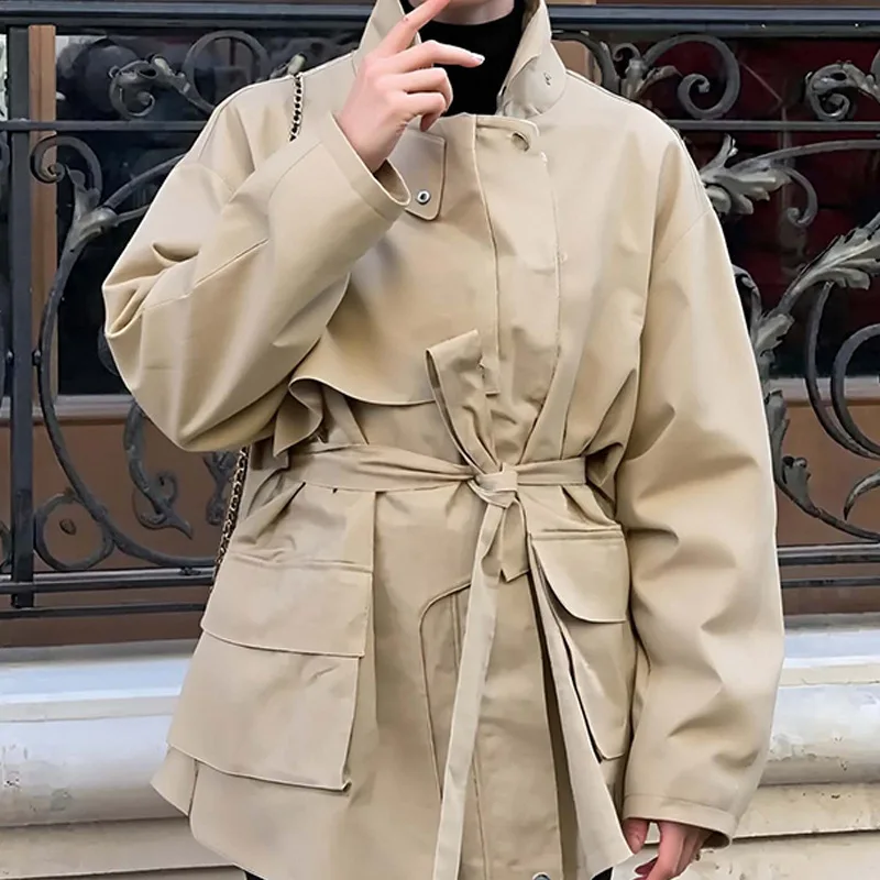 

Autumn Women's Camel Double-breasted Long-sleeve Trench Coat with Lapel Stylish and Simple Belted Warm Solid-color Outerwear