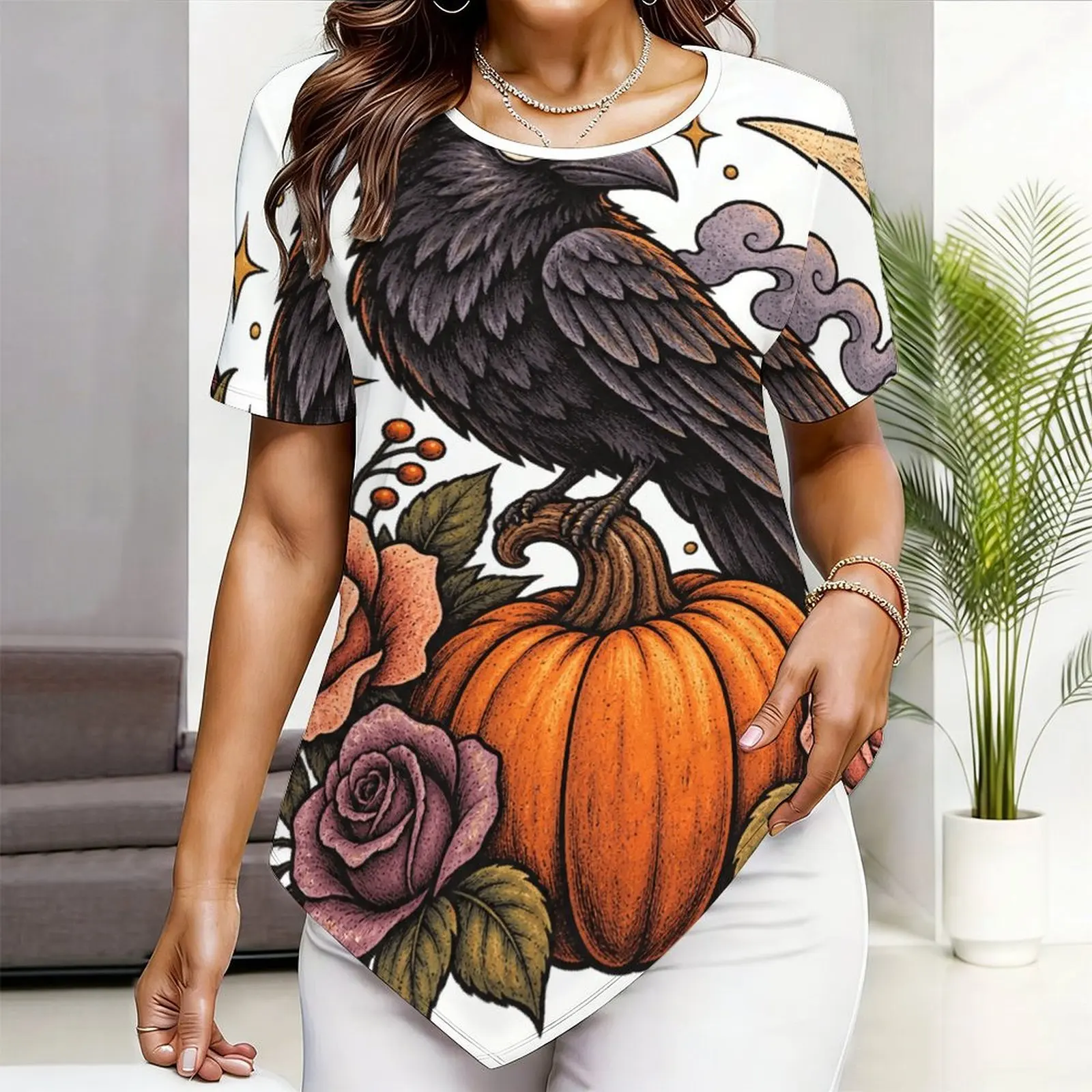 Women Round Neck Short Sleeve Pointed Hem Printed Top