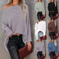 2024 new summer women's solid color loose top sweatshirt waffle off-shoulder sweater