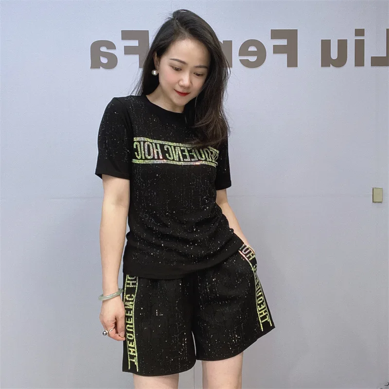 Women Sports Set Women's Summer Fashion Diamond Short Sleeve Wide Leg Pants Two Piece Set Knitting Short Sets