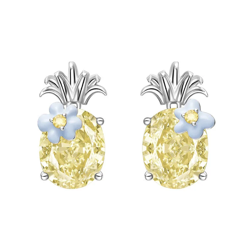 KOFSAC Creative Shiny Crystal Yellow Fruit Pineapple Stud For Women 925 Silver Earrings Jewelry Cute Girl Gifts Fashion Earring